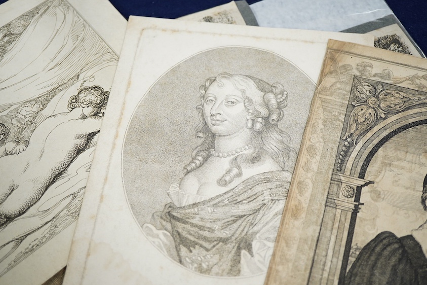 18th century, Old Master school, Classical scene, sanguine chalk on buff paper, together with a collection of early engravings, prints and book plates to include after Wenceslaus Hollar, Portrait of William Fenner, Recto